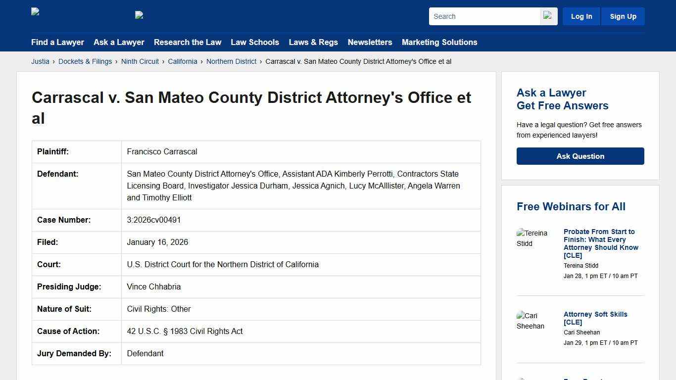 Carrascal v. San Mateo County District Attorney's Office et al 3:2026cv00491 U.S. District Court for the Northern District of California Justia